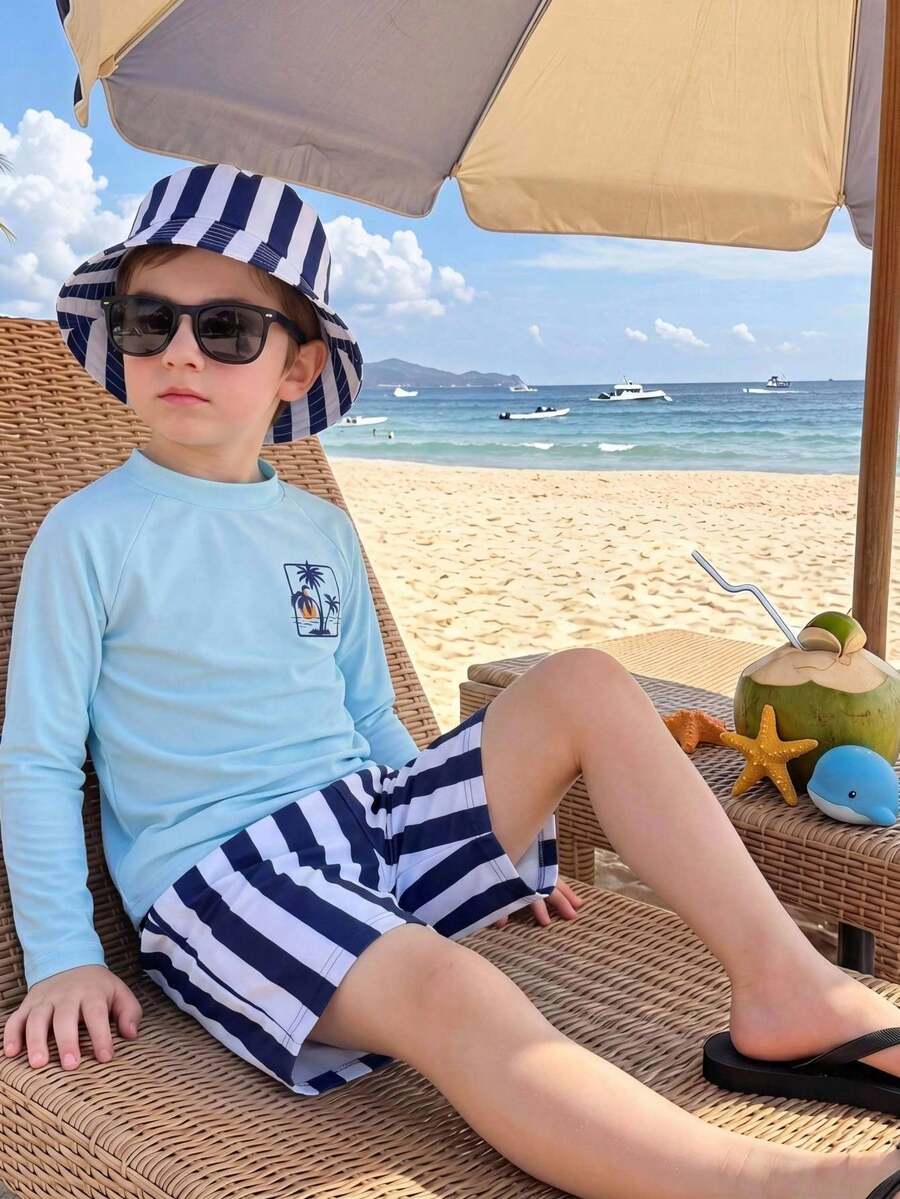 SHEIN 2件組兒童青少年男童夏季休閒度假藍色條紋泳褲泳衣套裝，適合海邊、溫泉度假游泳男孩泳裝 - 彩色 - 查看 1