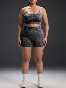 Powerista Ensemble de sport femme sans couture grande taille avec débardeur et short imprimé zèbre - Gris - Voir 3