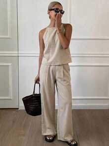 DAZY Women's Summer Striped Spaghetti Strap Top And Pants Casual 2 Pieces Set - Apricot - View 2