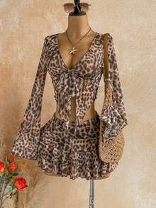Soleia American Hot Girl Style Leopard Print Mesh Sheer V-Neck Lace-Up Waist Cinched Multi-Layer Ruffle Bell Sleeve Two Pieces Set - Multicolor - View 6
