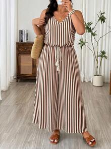 SHEIN LUNE CURVE Women's Commuter Casual European & American Vintage Style Leopard Print Plus Size Sleeveless V-Neck Waist-Defining Slimming Tie-Up Design Long Dress With Full Flare Summer Casual Dress - Multicolor - View 7