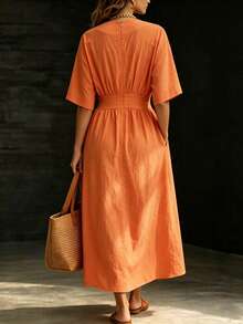 Omancia Women's Burnt Orange 100 Cotton Short Sleeve Midi Dress Elastic High Waist Pocket Loose Flowy Elegant Casual Summer Beach Brunch Vacation Daily Wear - Pale Yellow - View 2