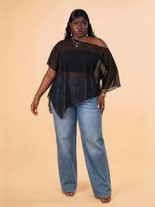 CurvyTilda Plus Size Women Solid Color Asymmetric Neck Summer Vacation Versatile Sexy Country Blouse, For Hourglass Body Shape Clubbing Concert Black - Black - View 5