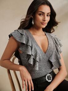 Anewsta Spring/Summer Vibe Sexy Date Party Shiny Knit Fabric V-Neck Ruffle Trim Fitted Silver Gray Women's Short Sleeve Top - Grey - View 3