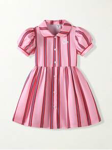 SHEIN Casuvi Kids Girls' Casual Fashion Preppy Style Pattern Embroidery Striped Puff Short Sleeve Shirt Dress, Suitable For Spring/Summer Outings, Outdoor, School And Daily Wear - Pink - View 6