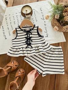 Baby Girl Knitted Striped Round Neck Tank Top And Shorts 2pcs Set - Black - View 3