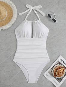 SHEIN Swim 女款純色百褶鏤空設計掛脖式連身泳衣，白色夏季性感熱帶海灘派對風 - 白色 - 查看 8