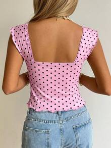 SHEIN EZwear 粉色底圓點甜心領短袖荷葉邊下擺夏季女款背心上衣 - 粉色 - 查看 2