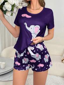 SHEIN Cute Elephant Heart 2 Pieces Women's Pajama Set - Multicolor - View 5