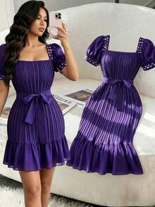 Modelyn Purple Square Neck Pearl Decor Lace-Up Waist Puff Short Sleeve Pleated Textured Fabric Women's Short Dress Dinner Date Deep Purple Summer Elegant - Purple - View 2