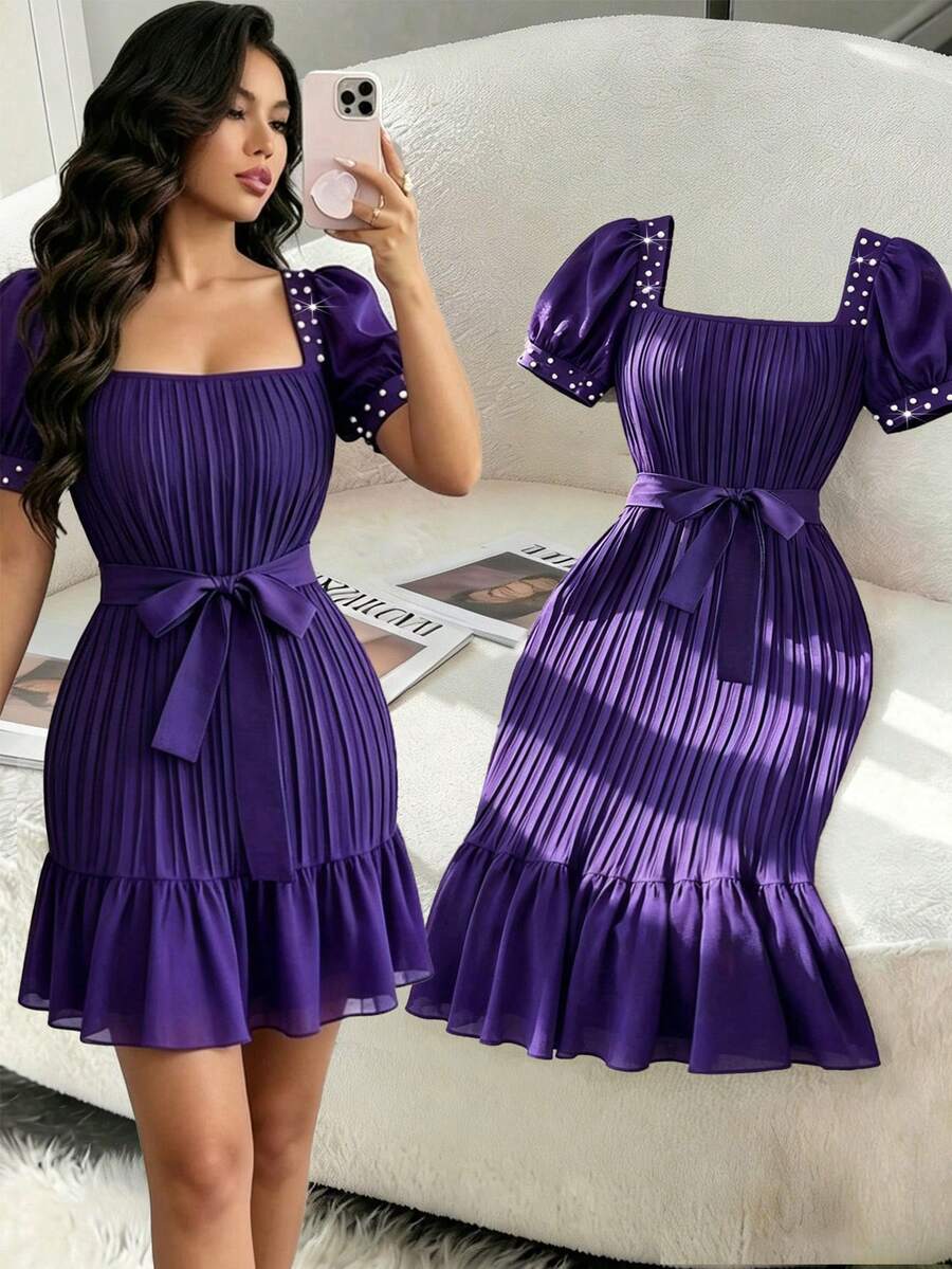 Modelyn Purple Square Neck Pearl Decor Lace-Up Waist Puff Short Sleeve Pleated Textured Fabric Women's Short Dress Dinner Date Deep Purple Summer Elegant