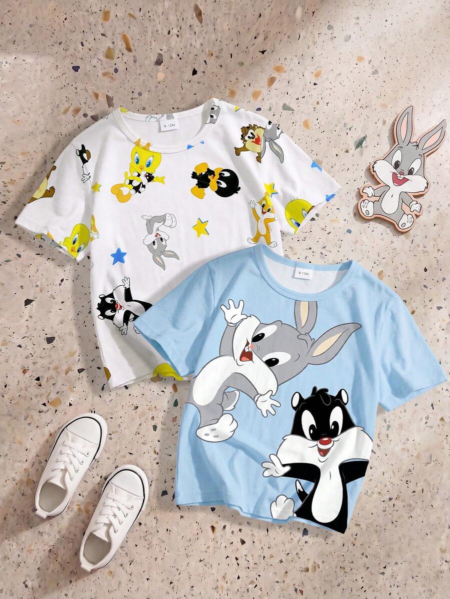 LOONEY TUNES X SHEIN GraphicGems Baby Boy Round Neck Cartoon Print Casual Versatile Daily Outing Short Sleeve Tops 2pcs/Set - Multicolor - View 1