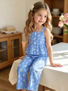 SHEIN Genkimix Kids 少女夏季休閒兩件套，可愛雛菊印花荷葉邊吊帶上衣 & 寬腿長褲，適合姐妹聚會、度假、旅行及日常穿著，甜美波希米亞田園風套裝 - 藍色 - 查看 4