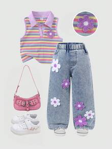 Souflis Souflis New Girls 4-7 Years Old Spring/Summer 2-Piece Set Sleeveless Top And Denim Long Pants With Embroidery Patch Design, Fashionable And Stylish For 4-7 Years Old Girls, Suitable For Daily Casual, Vacation, School, Travel, Outdoor Sports, Back To School - Multicolor - View 1