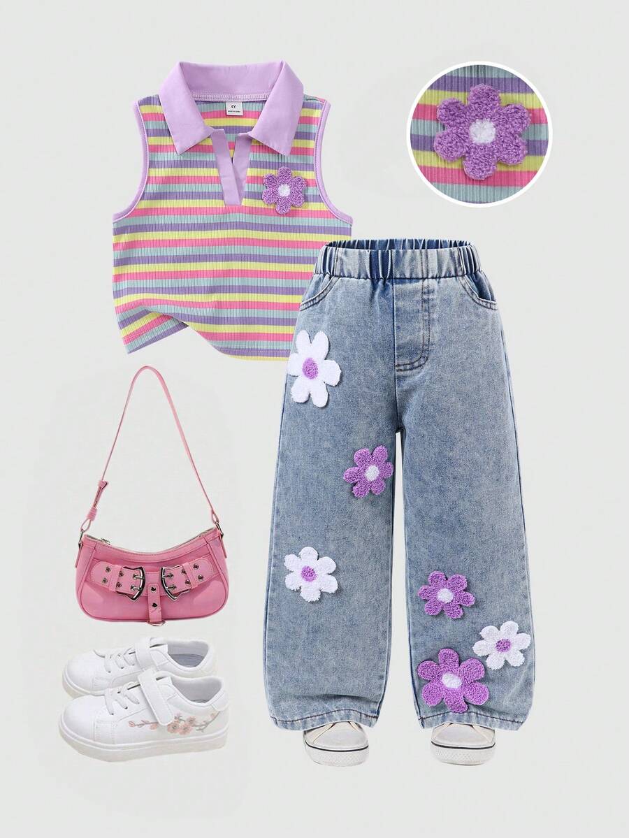 Souflis Souflis New Girls 4-7 Years Old Spring/Summer 2-Piece Set Sleeveless Top And Denim Long Pants With Embroidery Patch Design, Fashionable And Stylish For 4-7 Years Old Girls, Suitable For Daily Casual, Vacation, School, Travel, Outdoor Sports, Back To School - Multicolor - View 1