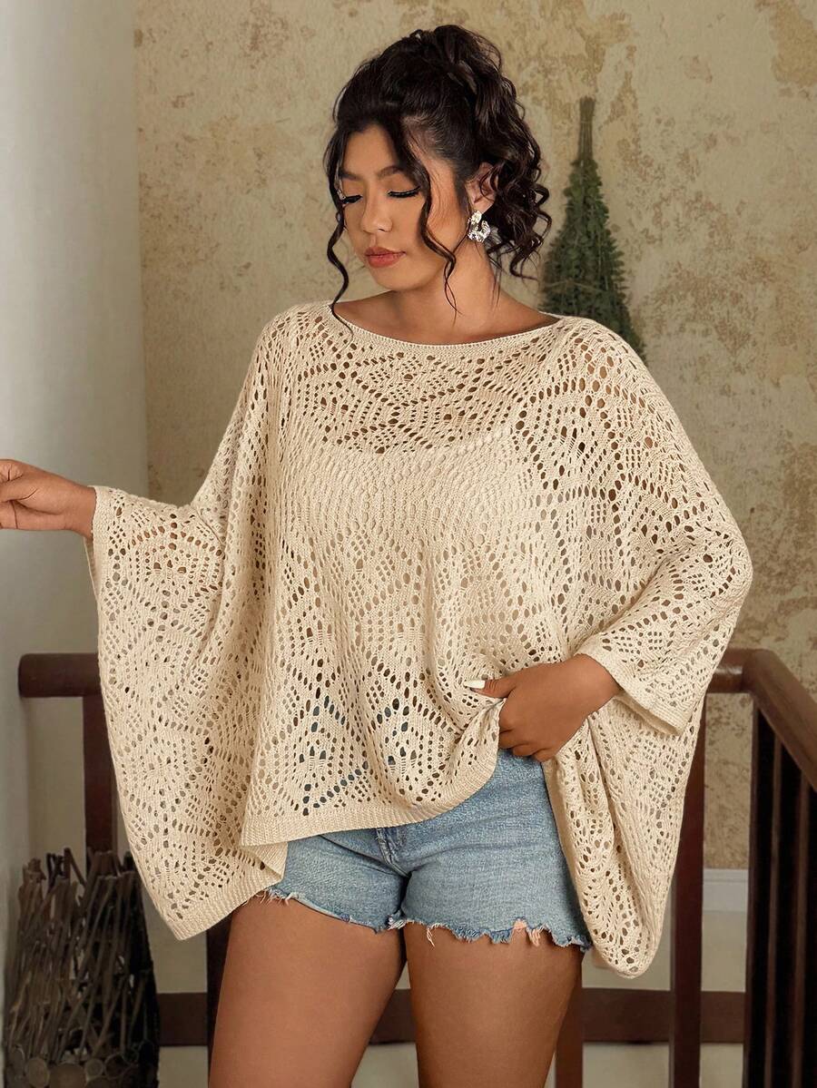 Travachic Áo len tay dơi khoét rỗng màu trơn thời trang size lớn cho nữ, quần áo mùa thu đông - Màu be - Xem 1