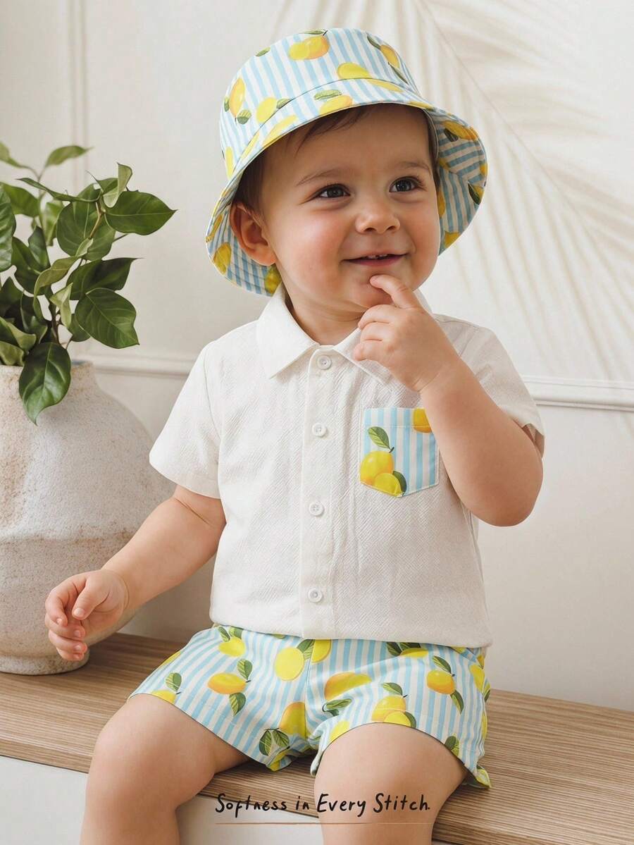 Cozy Pixies Conjunto de camisa de verano de manga corta con botones delanteros y estampado de limones para niños pequeños - Blanco - Ver 1