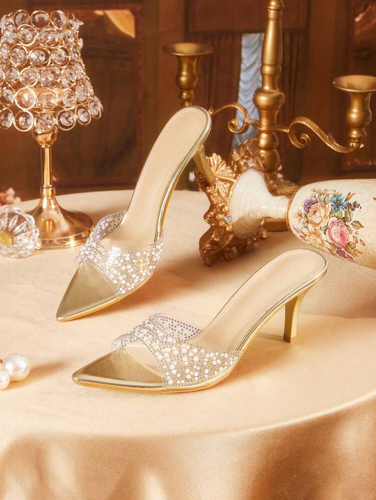 CUCCOO TILAWA Women's Fashion, Women's High-Heeled Sandals, Gold, Pearl Rhinestones, Transparent TPU Material, Pointed, Commuting, Comfort, Indoor, Office, Street, Party, Travel, Vacation, Spring And Summer, Suitable For Dresses, Jeans, Shorts, Stiletto Slippers