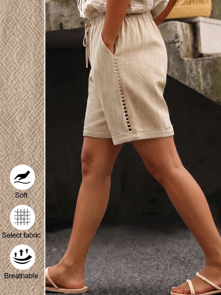 Linhara Plus Size Women's Casual High Waist Tie Side Seam Hollow Lace Slant Pocket Wide Leg Shorts - Apricot - View 1