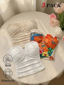 SHEIN MOD 3件套加大码女式深V领褶皱吊带背心，夏季服装，夏季背心，优雅独特 - 彩色 - 查看 12