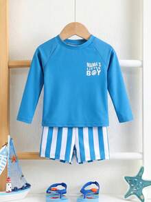 SHEIN Unisex Baby 2pcs/Set Green Striped Long Sleeve Swimsuit And Swim Trunks Set, Sun Protection Swimwear For Beach, Swimming, Vacation - Dusty Blue - View 3