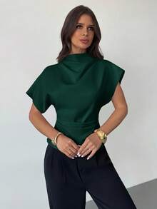 Firerie 夏季抓皺領非對稱袖側腰收褶顯瘦通勤杏色粗麻布女款襯衫，四季皆宜 - 墨綠色 - 查看 3