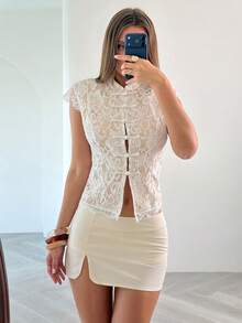 Opulessa Women's Stand Collar Floral Pattern Lace Casual Versatile Daily Outing Blouse - White - View 3