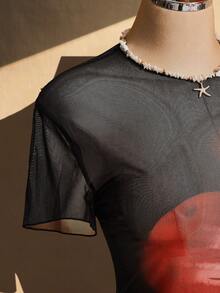 SHEIN ICON 女款大尺碼花卉印花圓領短袖時尚上衣 - 黑色 - 查看 5