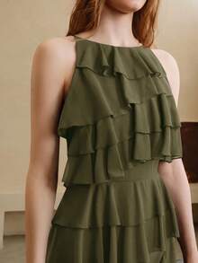 Arave Elegantes langes Damenkleid aus gewebtem Chiffon mit Boot-Ausschnitt, tailliertem Schnitt, Rüschen und Patchwork-Design für Dates - Armeegrün - Übersicht 5