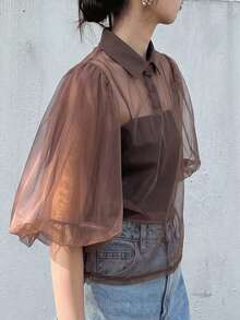 FRIFUL Women's Solid Brown Round Neck Puff Sleeve Sheer Mesh Loose Casual Versatile Layering Top Summer - Brown - View 4