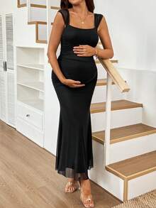 SHEIN 孕婦夏季優雅純色魚尾孕婦裝拍照禮服黑色 - 黑色 - 查看 5