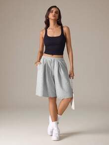 SHEIN Tall Damen Frühling/Sommer Streetwear Urlaub Alltag Homecoming Lässig Sport Basic Baggy Low Waist Bermuda Hose mit tiefem Schritt, für große Frauen - Grau - Übersicht 4