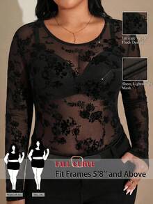 SHEIN Tall CURVE 大码女式花卉网纱透视长袖性感上衣 - 黑色 - 查看 2