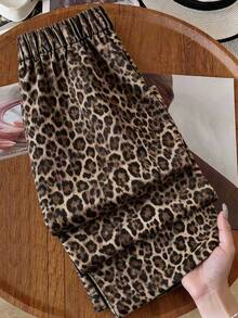 EMERY ROSE Plus Size Leopard Print Patchwork White Contrast Color Women's Straight Leg Casual Pants With Contrast Waistband, Vacation Office Commute Style Fall - Multicolor - View 2