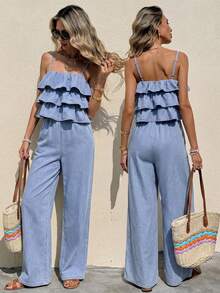 Serisse Damen Sommer Rüschen Träger Denim Jumpsuit Sommer Festival Kostüm Pendeln Urlaub Abschluss Chic Y2K Süß Streetwear Coquette Party Hochzeit Elegant Business Casual Frau Business Strand Abschluss Ausgehen Geburtstag - Blau - Übersicht 1