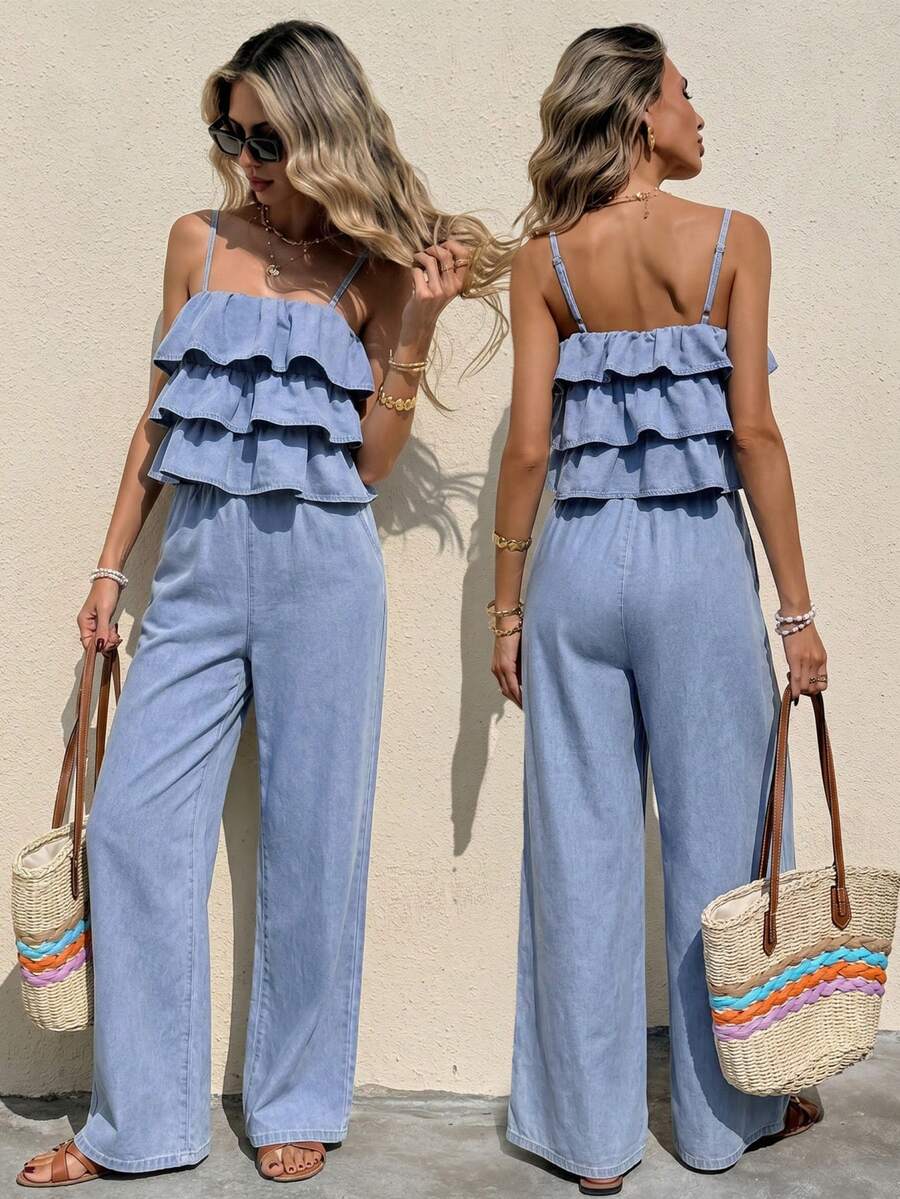 Serisse Damen Sommer Rüschen Träger Denim Jumpsuit Sommer Festival Kostüm Pendeln Urlaub Abschluss Chic Y2K Süß Streetwear Coquette Party Hochzeit Elegant Business Casual Frau Business Strand Abschluss Ausgehen Geburtstag - Blau - Übersicht 1