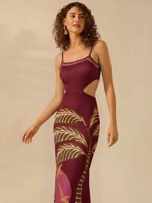 CAJUNI Women's Fashionable Vacation Floral Print Spaghetti Strap Long Dress - Burgundy - View 6