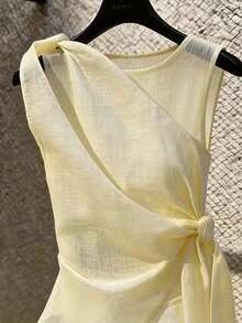 SHEIN Franclia 女款簡約優雅不對稱下擺鏤空綁帶上衣 - 淡黃色 - 查看 3