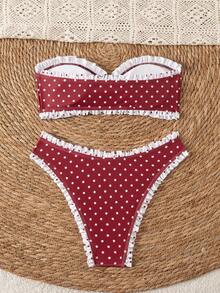 Swim Mod 女款夏季新款海灘泳裝甜美性感時尚極簡三角比基尼綁帶露背套裝可愛花卉紋理面料海灘印花適合夏季海灘度假2件組 - 彩色 - 查看 2