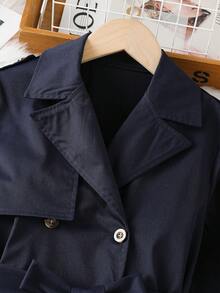 SHEIN 1件時尚女款新卡其色編織雙排扣腰帶長版大衣，適合春、秋、冬、戶外、旅行、街頭風、休閒、居家、通勤 - 藏蓝色 - 查看 3