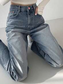 Dazy Tall Damen Lässig Alltag Pendeln Minimalistisch Vielseitig Gewaschen Locker Gerader Schnitt Jeans Herbst - Mittele Waschung - Übersicht 1