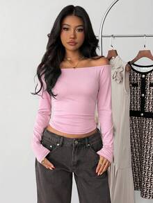 Black Off-Shoulder Fitted Casual Long Sleeve Basic Base Layer T-Shirt - Pink - View 4