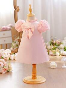 SHEIN Glamorique Kids 女嬰粉色正式禮服 3D玫瑰刺繡短袖洋裝，嬰兒生日禮服適用於婚禮、晚宴、派對、日常穿著、拍照、度假、夏季穿搭、派對穿搭指南 - 粉色 - 查看 6