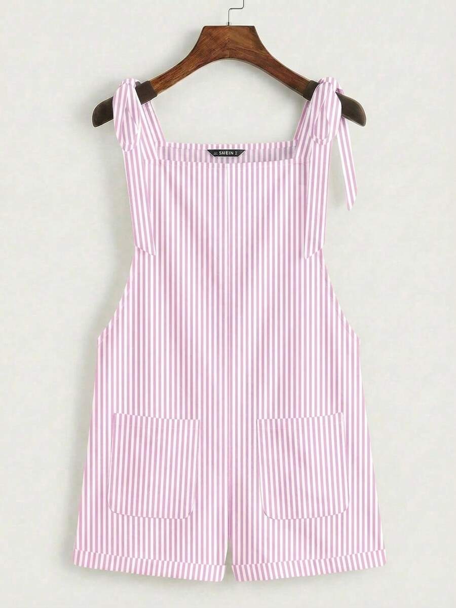 SHEIN EZwear 休閒簡約粉色條紋印花圖案打結肩帶口袋拼接背心連身褲，適合夏季 - 彩色 - 查看 1