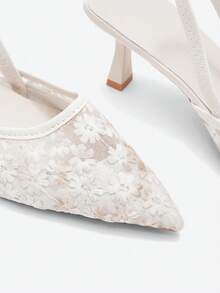 Eladyva Women's High Heel Pumps, White Bridal Shoes With Delicate Floral Decor, Pointed Toe Kitten Heel Slip-On Sandals - Beige - View 11