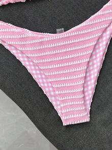 Swim Mod 女款甜美粉色花卉圖案雙色特殊雙層布料掛脖比基尼套裝，適合海灘度假 - 粉色 - 查看 8
