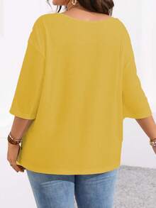 Camiseta de talla grande para mujer de unicolor, cuello redondo, casual, versátil, para uso diario - Amarillo - Ver 2