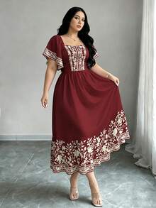 Modelyn Đầm họa tiết hoa cây thời trang cổ vuông tay cánh dơi lớn tay ngắn, váy midi thắt eo mùa hè, đầm dài đen họa tiết hoa - Nhiều màu - Xem 3