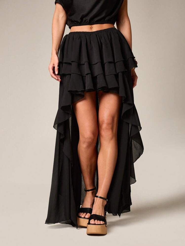 AiiRZ Asymmetric Tiered Ruffle Skirt Black High Low Maxi Flowy Chiffon Party Evening Occasion Formal Special Event Spring Summer Fall