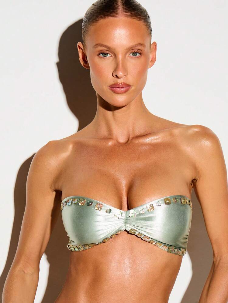Metallic Bandeau Bikini Set With Jewel Trim